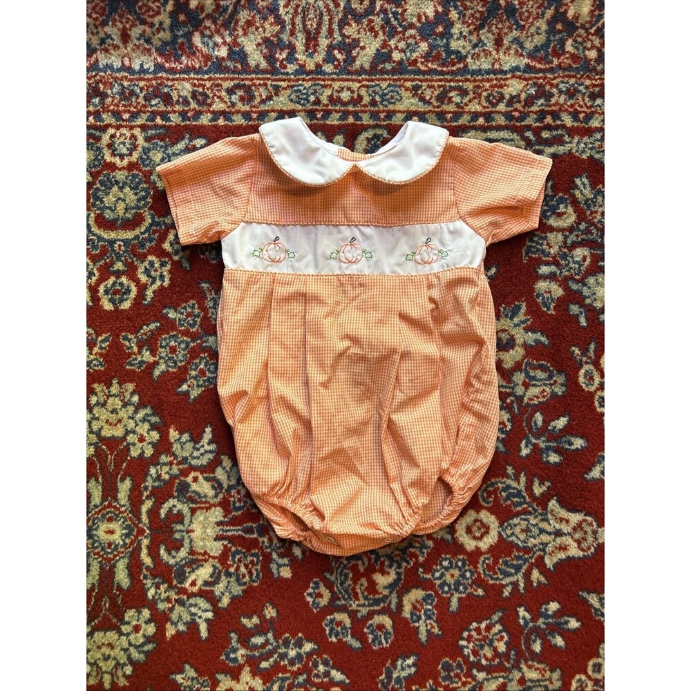 Smocked Pumpkin Gingham Bubble Romper by Baby Blessings 12 Months